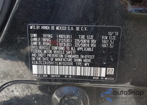 2020 Honda Hr-V 2Wd Sport z USA, uszkodzony, nr VIN 3CZRU5H11LM702006